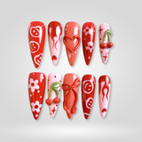 Cherry Blossom 3D hand-painted press-on nails with cherry and floral motifs