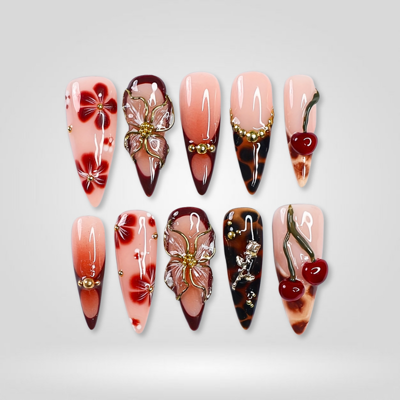 Autumn Rose 3D floral press-on nails in burgundy and nude