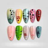Fishing Lure handmade almond press-on nails with fish designs