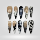 Shadow Engrave press-on nails with black and silver gothic filigree design