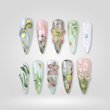 Botanic Bliss 3D hand-painted floral press-on nails with pearl shimmer