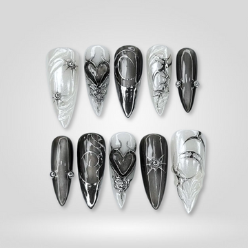 Obsidian Web 3D chrome press-on nails with intricate web pattern