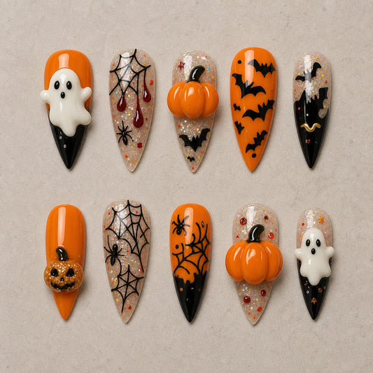 Full set of 10 stiletto press-on nails — Midnight Harvest Halloween nail art with ghost, pumpkin, spider web