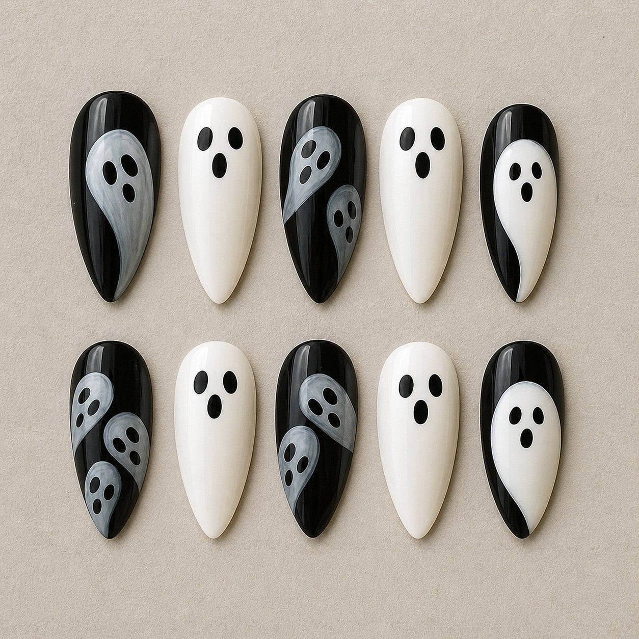 Full set of 10 almond press-on nails — Mod Ghost Halloween nail art with ghost, minimalist, black and white