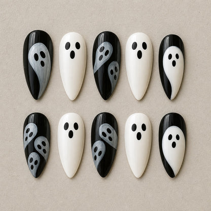 Full set of 10 almond press-on nails — Mod Ghost Halloween nail art with ghost, minimalist, black and white
