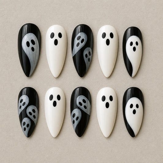Full set of 10 almond press-on nails — Mod Ghost Halloween nail art with ghost, minimalist, black and white