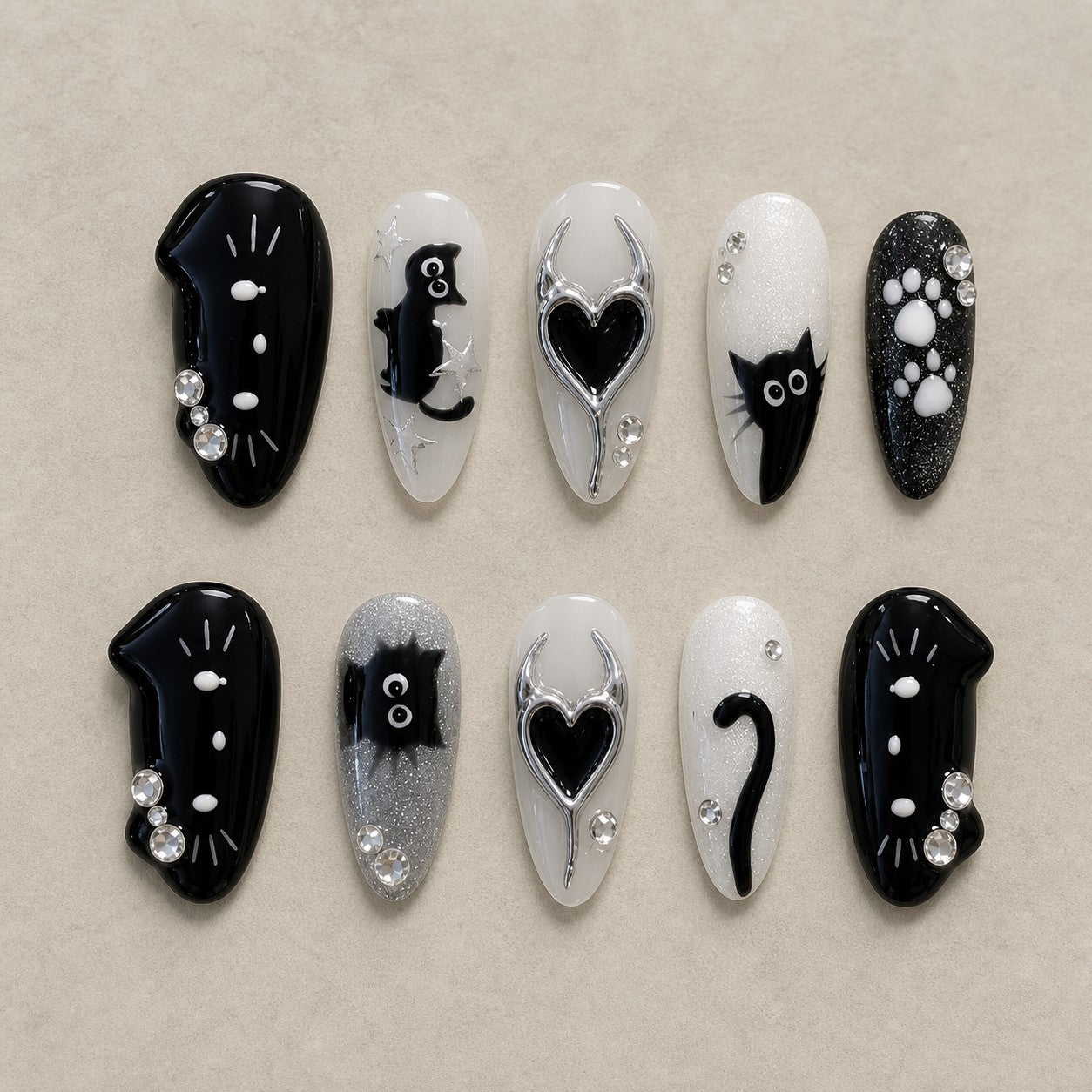 Full set of 10 almond press-on nails — Moonlit Whiskers Halloween nail art with black cat, chrome, rhinestone