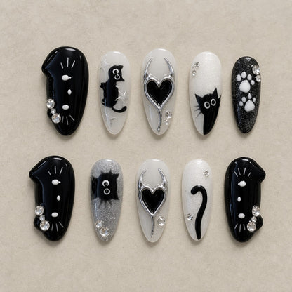 Full set of 10 almond press-on nails — Moonlit Whiskers Halloween nail art with black cat, chrome, rhinestone