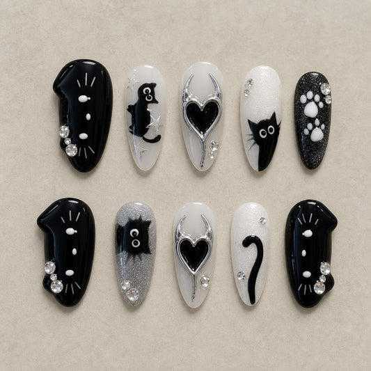 Full set of 10 almond press-on nails — Moonlit Whiskers Halloween nail art with black cat, chrome, rhinestone