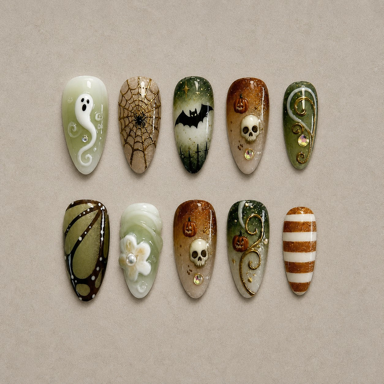 Full set of 10 almond press-on nails — Mossy Relic Halloween nail art with skull, forest, gothic