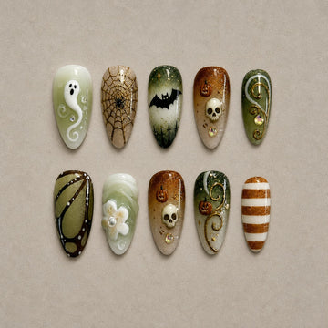 Full set of 10 almond press-on nails — Mossy Relic Halloween nail art with skull, forest, gothic