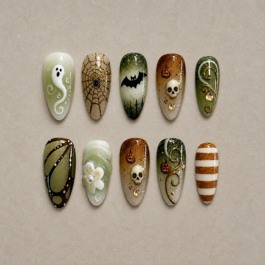 Full set of 10 almond press-on nails — Mossy Relic Halloween nail art with skull, forest, gothic