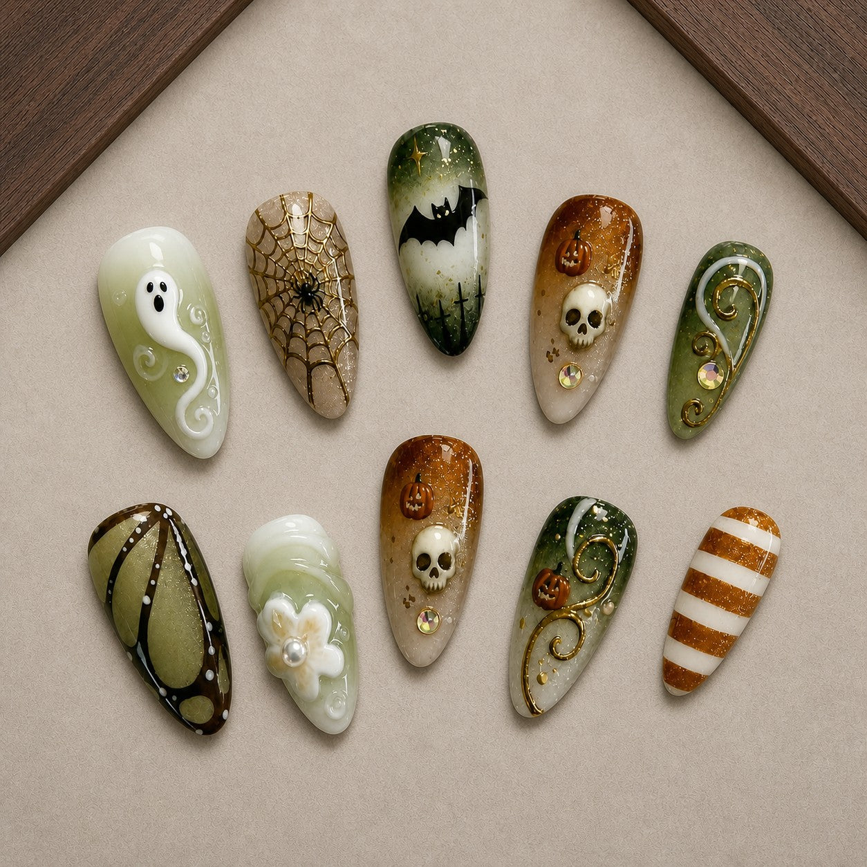 Mossy Relic Halloween press-on nail set displayed in a walnut tray — almond shape