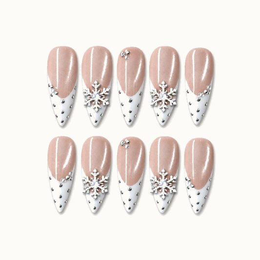 Pearl Snowfall Press-On Nails with Snowflake Accents