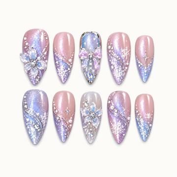 Frostlight Bow Press-On Nails with Snowflake and Floral Accents