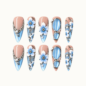Blue Blossom Filigree Press-On Nails