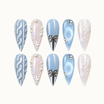 Frosted Blue Bow Press-On Nails with Pearl Accents