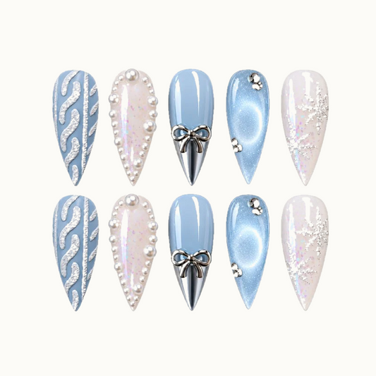 Frosted Blue Bow Press-On Nails with Pearl Accents