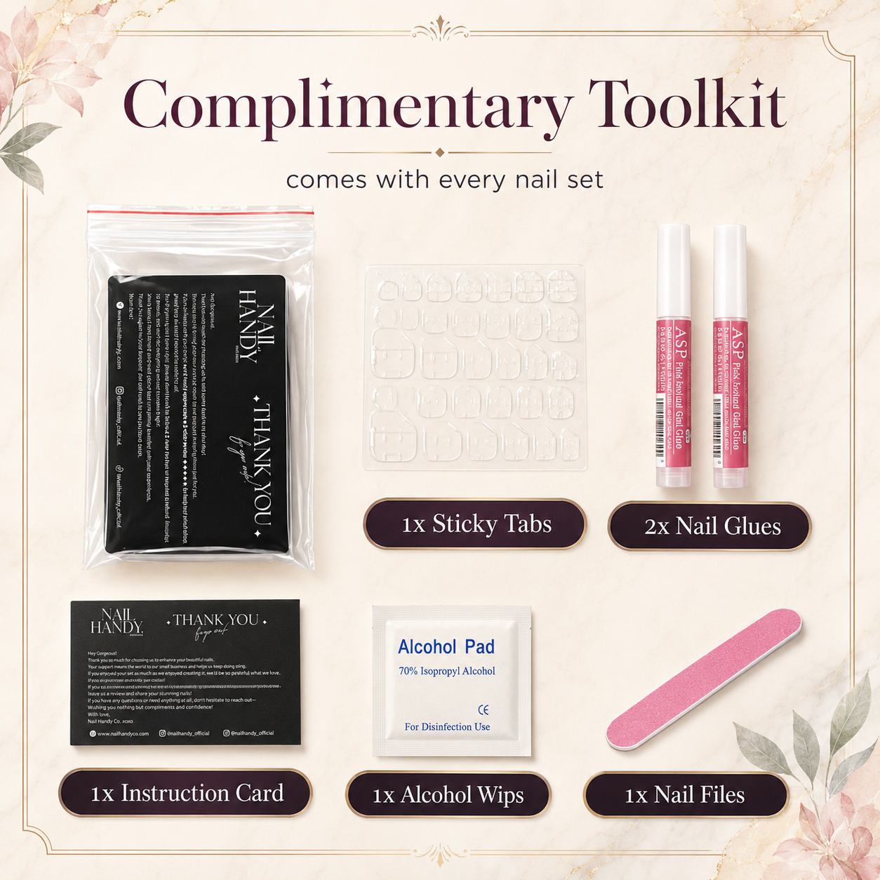 Complimentary application toolkit included with every NailHandy press-on nail set: sticky tabs, nail glue, file, alcohol wipe and instruction card