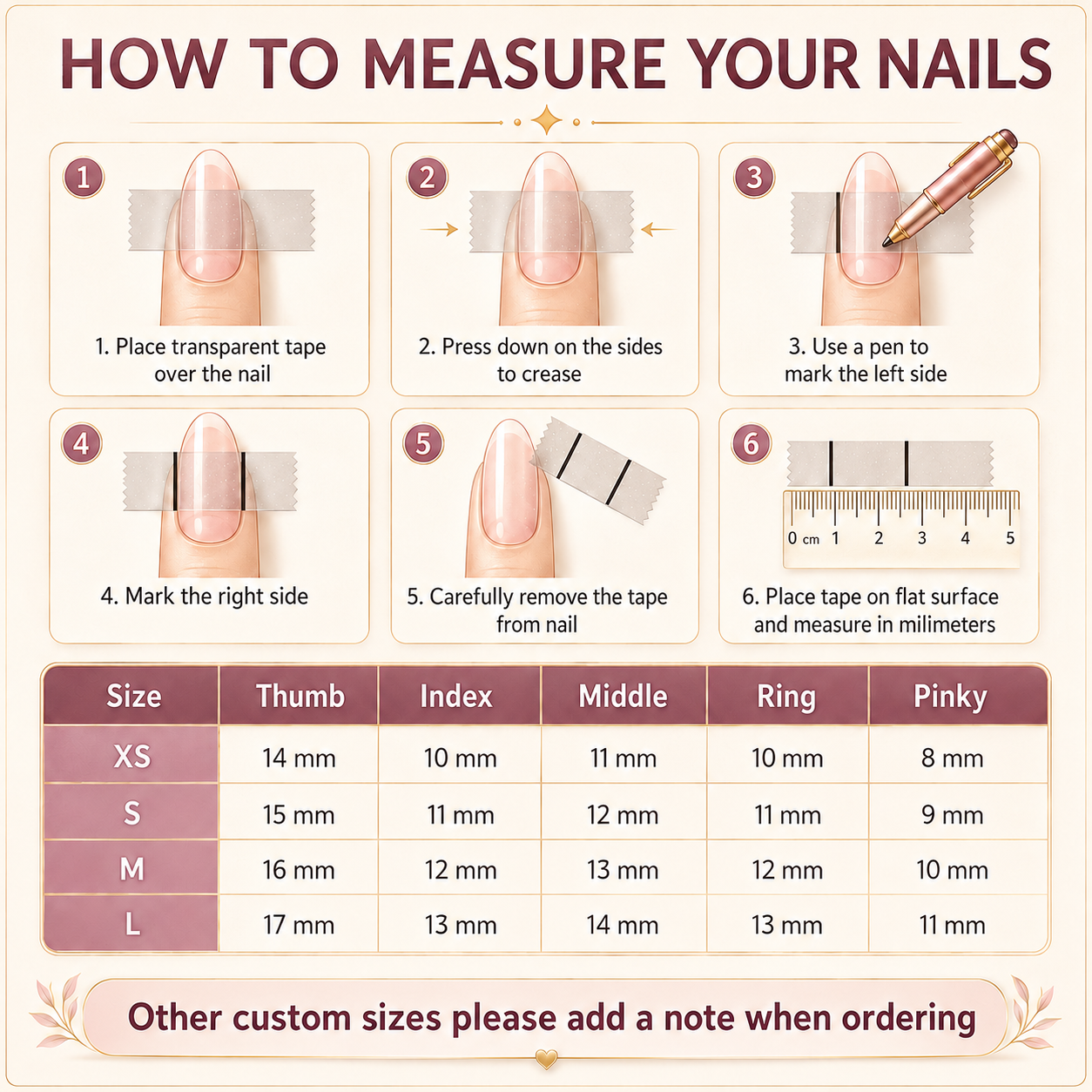 How to measure your nails for press-on nail sizing — NailHandy size chart for XS, S, M and L