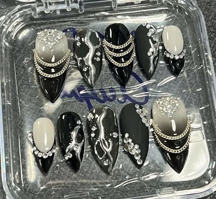Hand-painted black and silver gothic press-on nail set with crystals and chain detail