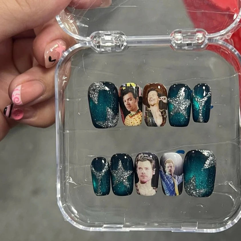 Finished custom press-on nail set with printed photos in its travel case