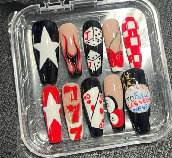 Hand-painted Las Vegas press-on nail set with playing cards, dice and flames