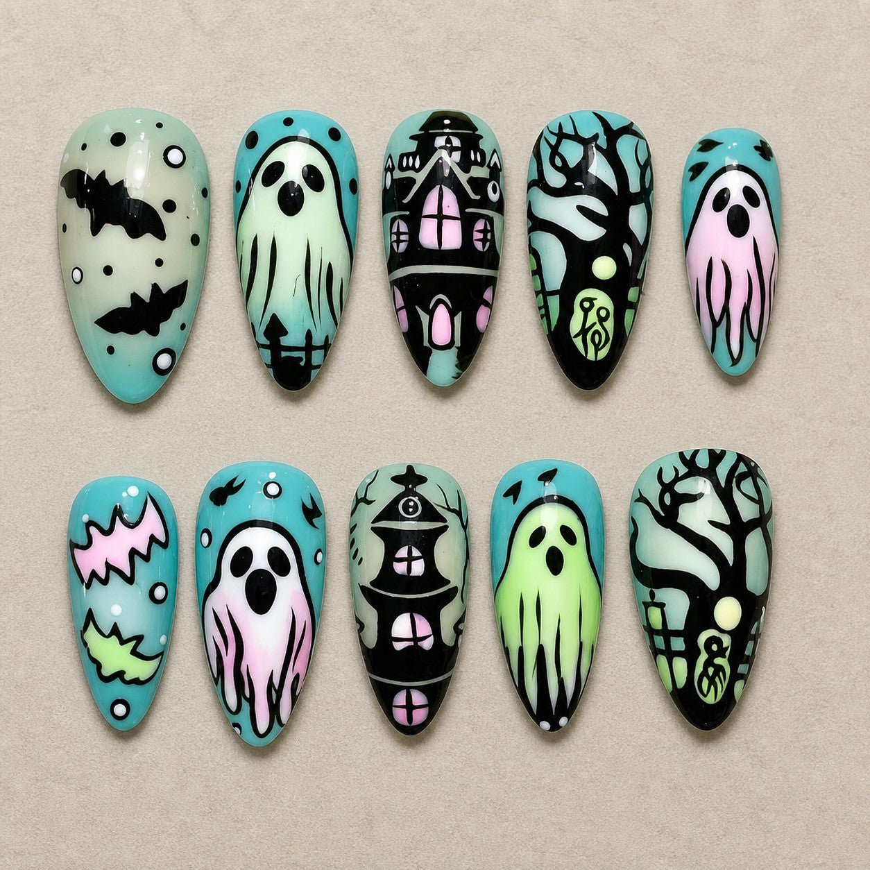 Full set of 10 almond press-on nails — Pastel Manor Halloween nail art with haunted house, ghost, pastel