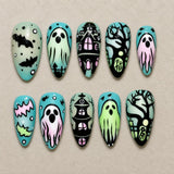 Full set of 10 almond press-on nails — Pastel Manor Halloween nail art with haunted house, ghost, pastel