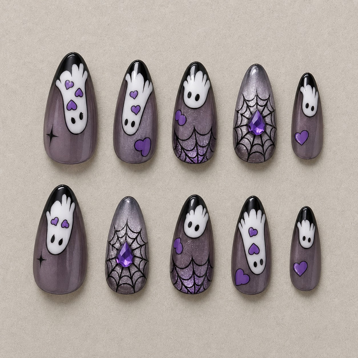 Full set of 10 almond press-on nails — Phantom Hands Halloween nail art with ghost, spider web, cat eye