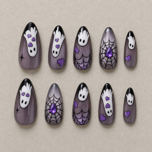 Full set of 10 almond press-on nails — Phantom Hands Halloween nail art with ghost, spider web, cat eye