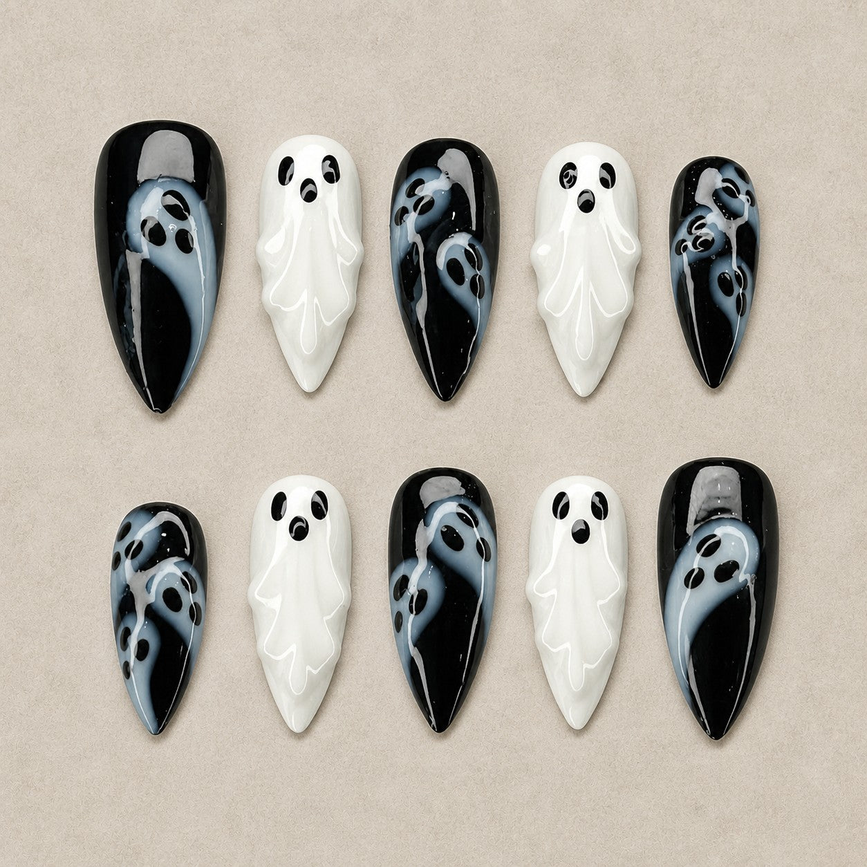 Full set of 10 almond press-on nails — Phantom Noir Halloween nail art with ghost, black and white, 3d
