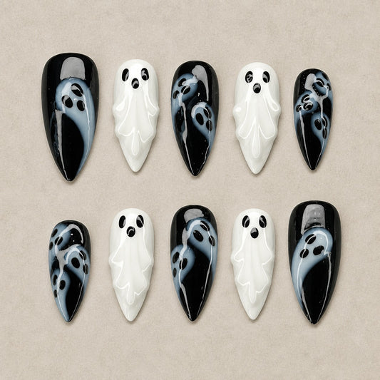 Full set of 10 almond press-on nails — Phantom Noir Halloween nail art with ghost, black and white, 3d