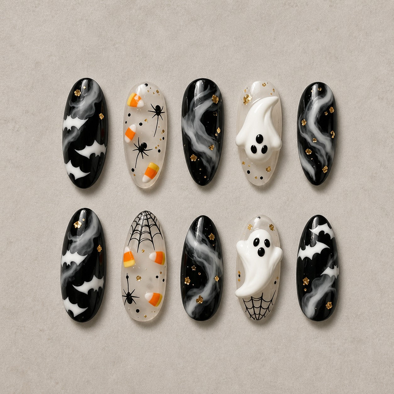 Full set of 10 almond press-on nails — Phantom Smoke Halloween nail art with marble, bat, ghost
