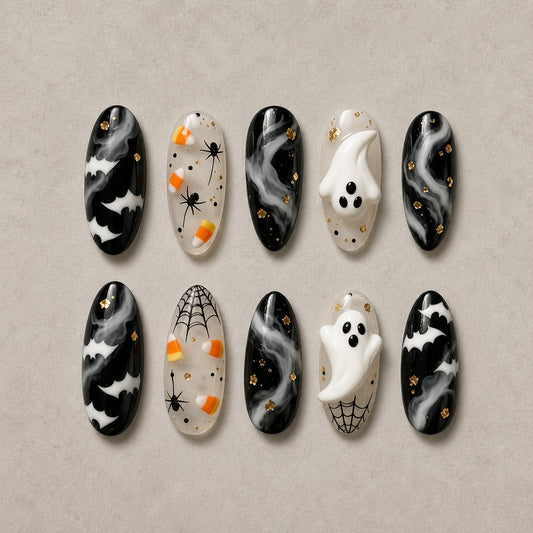 Full set of 10 almond press-on nails — Phantom Smoke Halloween nail art with marble, bat, ghost