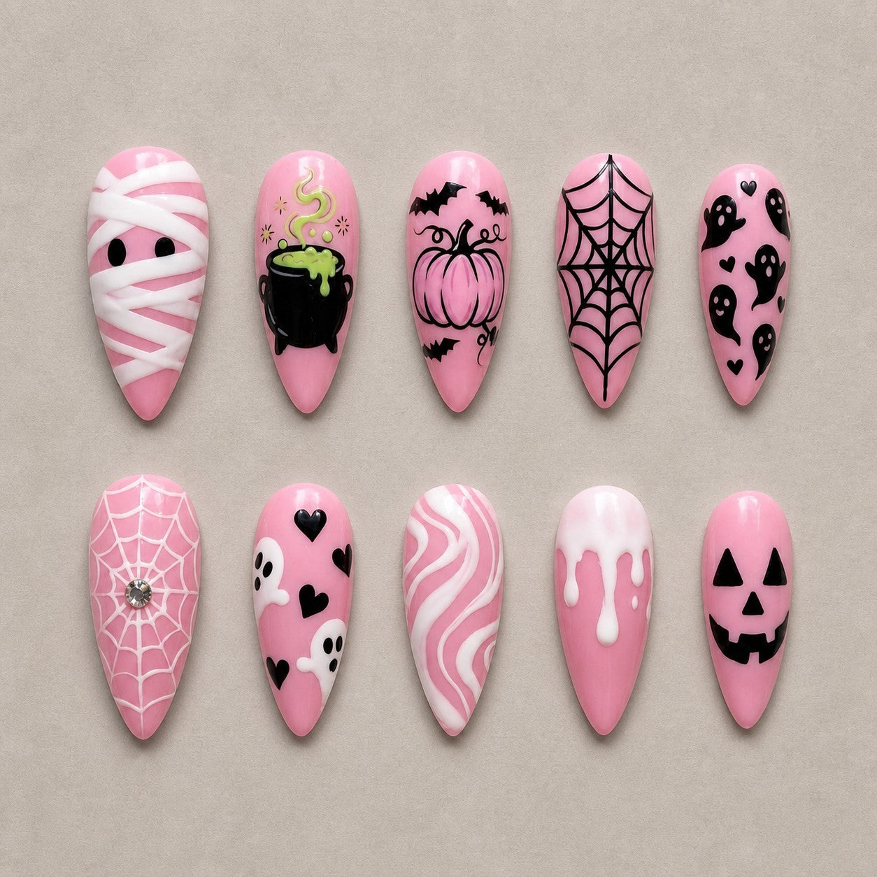 Full set of 10 almond press-on nails — Pink Potion Halloween nail art with witch, mummy, spider web