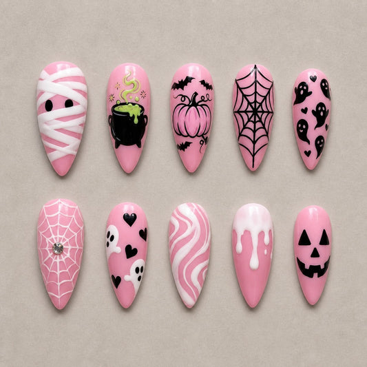 Full set of 10 almond press-on nails — Pink Potion Halloween nail art with witch, mummy, spider web