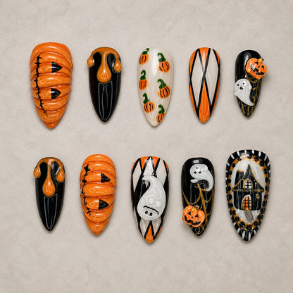 Full set of 10 almond press-on nails — Pumpkin Parlor Halloween nail art with pumpkin, haunted house, 3d
