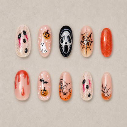 Full set of 10 almond press-on nails — Sheer Scream Halloween nail art with horror, pumpkin, spider web