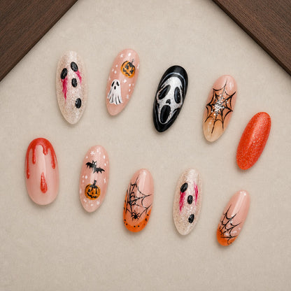 Sheer Scream Halloween press-on nail set displayed in a walnut tray — almond shape