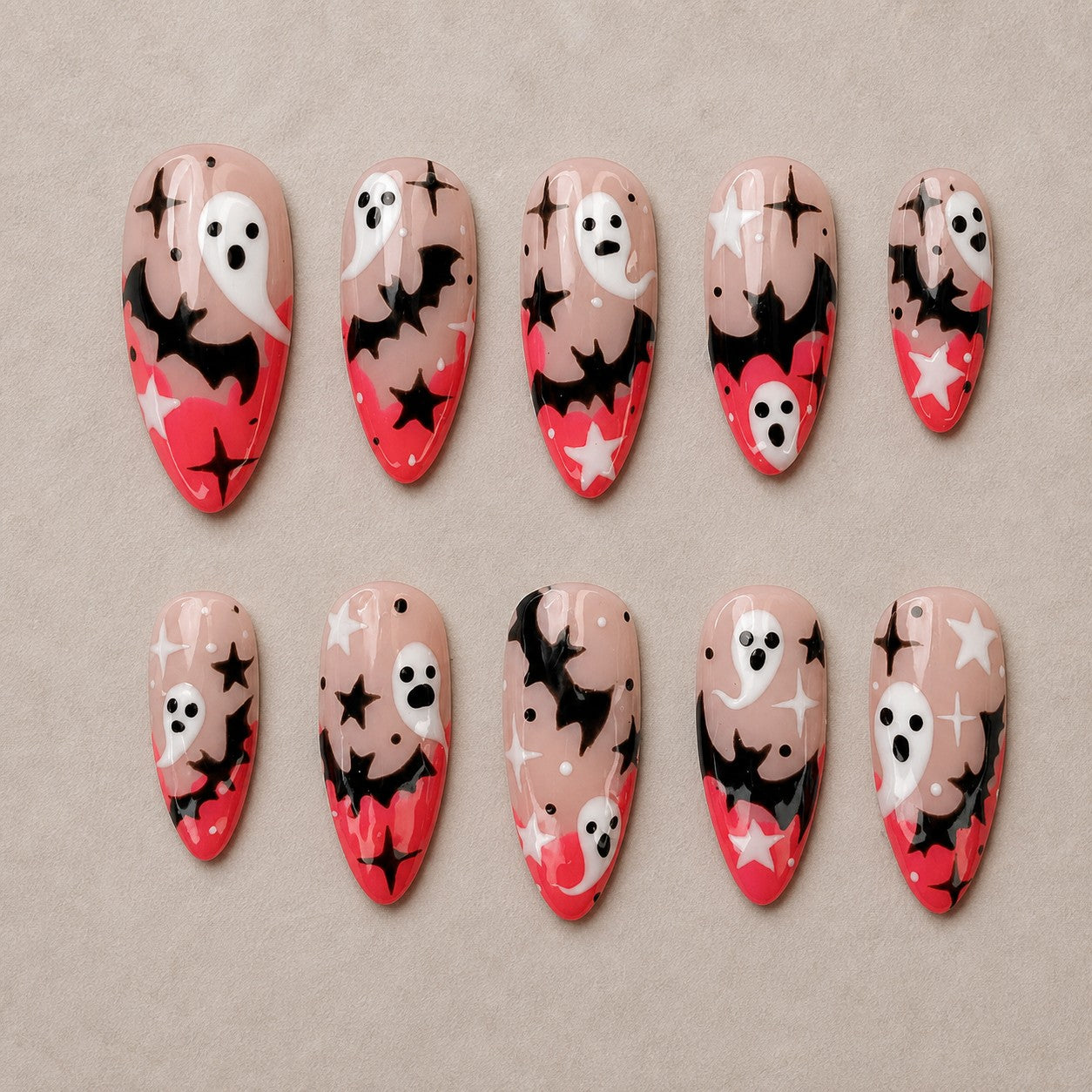 Full set of 10 almond press-on nails — Starlit Boo Halloween nail art with ghost, star, pink