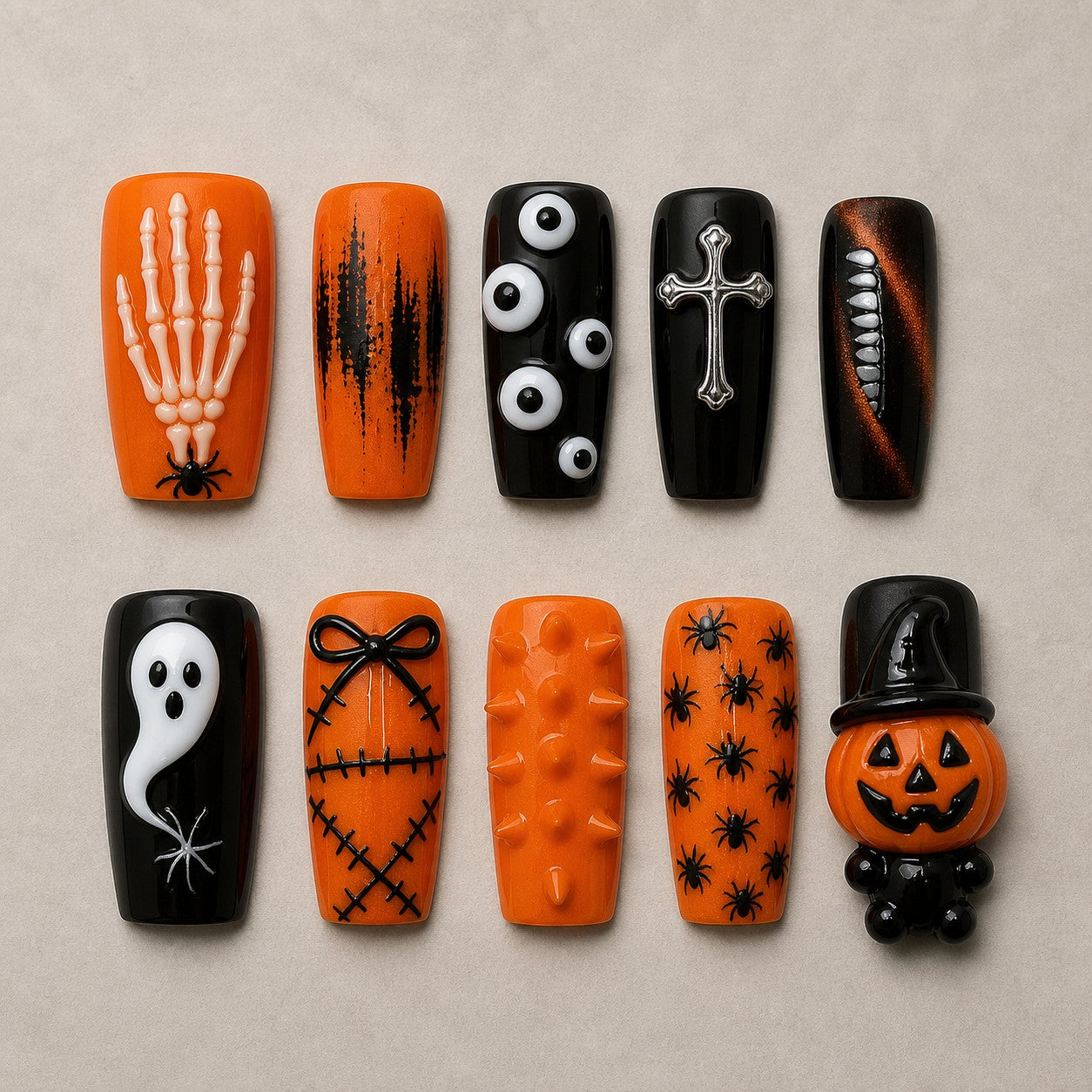 Full set of 10 square press-on nails — Static Punk Halloween nail art with punk, skeleton, 3d