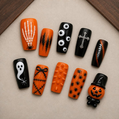 Static Punk Halloween press-on nail set displayed in a walnut tray — square shape