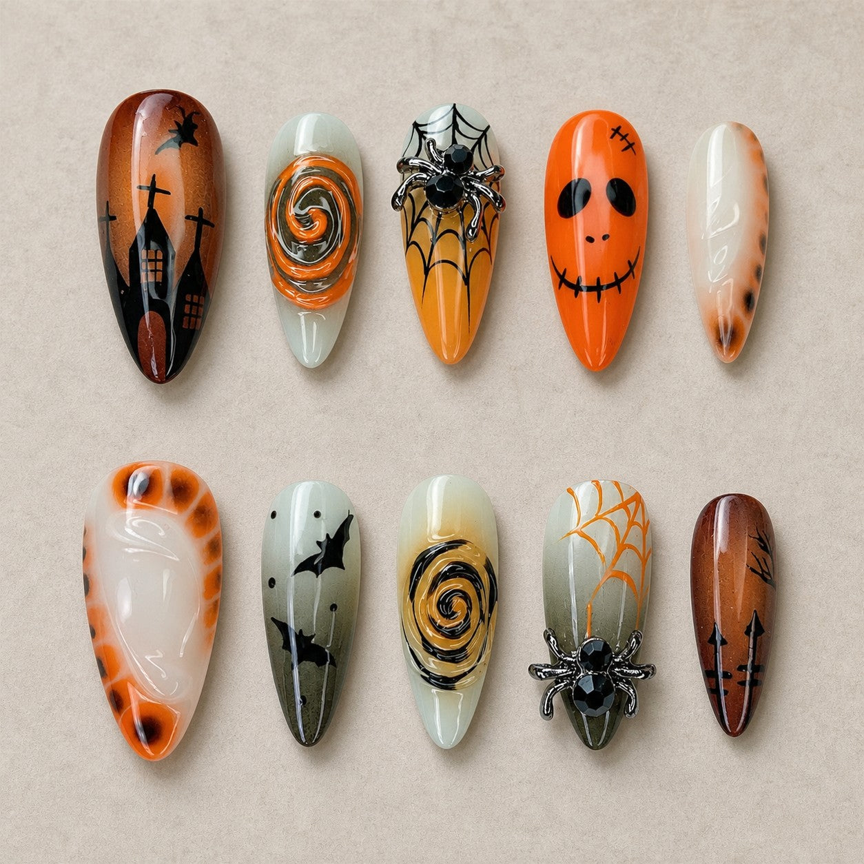 Full set of 10 almond press-on nails — Storybook Spell Halloween nail art with haunted house, vintage, spider