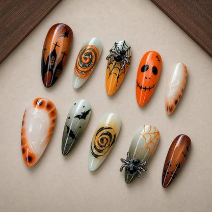 Storybook Spell Halloween press-on nail set displayed in a walnut tray — almond shape