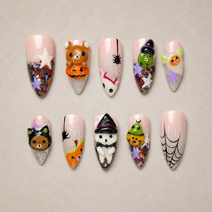 Full set of 10 almond press-on nails — Teddy Treats Halloween nail art with kawaii, teddy bear, 3d