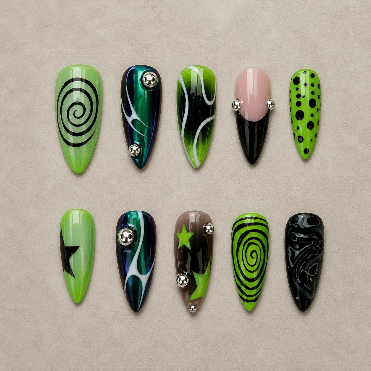 Full set of 10 almond press-on nails — Toxic Swirl Halloween nail art with neon, y2k, green