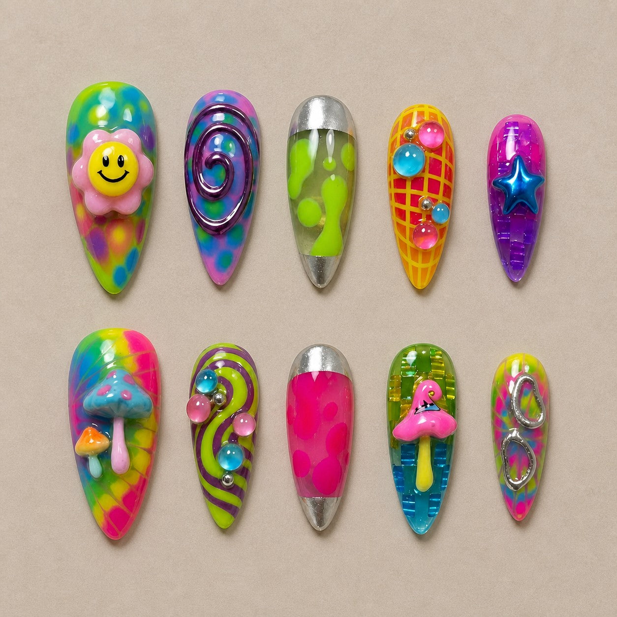 Full set of 10 almond press-on nails — Trippy Treat Halloween nail art with y2k, psychedelic, 3d