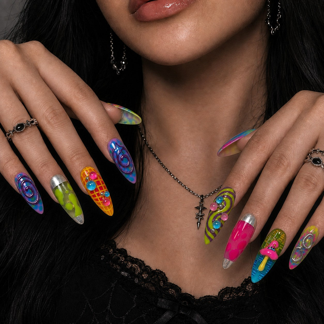 Trippy Treat Halloween press-on nails in almond shape worn on model hand — y2k, psychedelic, 3d nail art