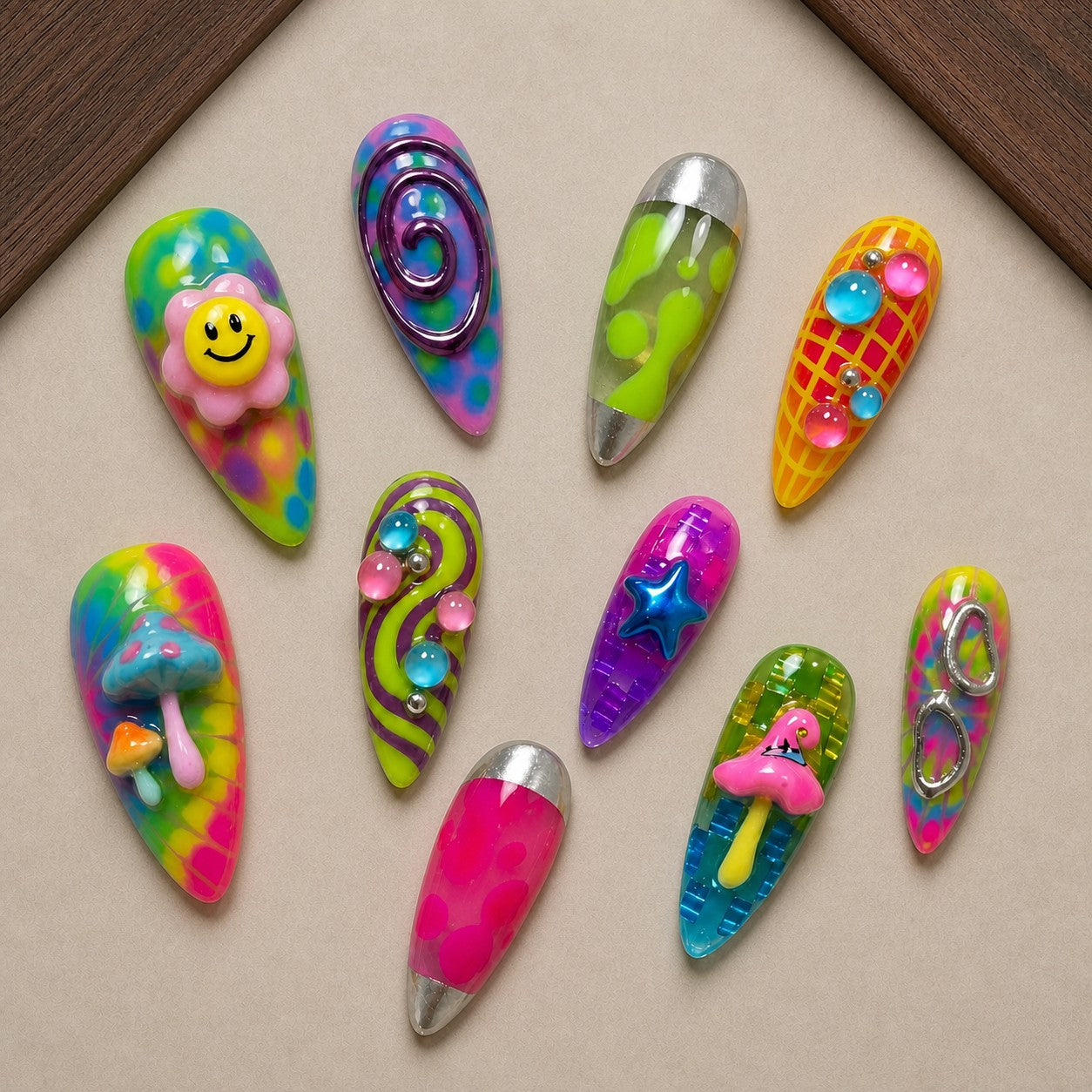 Trippy Treat Halloween press-on nail set displayed in a walnut tray — almond shape